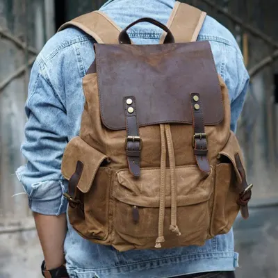 Mochila masculina nova, de lona, casual, tendência, para portátil, lona encerada com couro, marca tendência, estilo streetwear