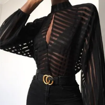 Top de gola alta com riscas, oco, sexy, de manga comprida transparente para mulher, novo do outono