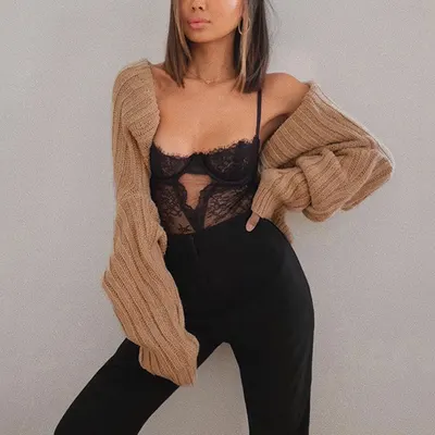 欧美毛织女装性感纯色超短长袖毛衣外套