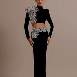 Conjunto de moda Top de manga larga con pedrería pesada, falda de cintura alta, conjunto de dos piezas con vendaje europeo y americano, vestido de fiesta