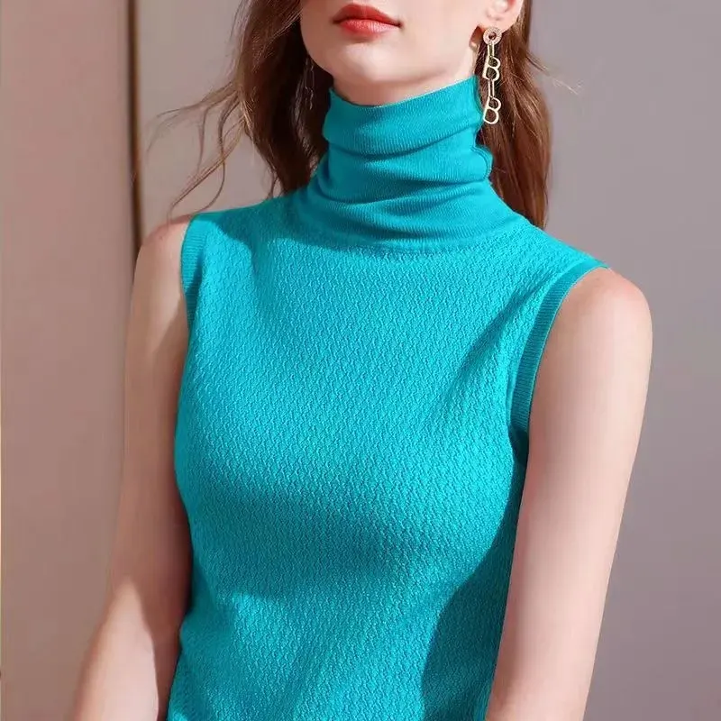 Top de gola alta elegante para mulher, pulôver, curto, manga comprida, slim fit, camada interior, empilhável, camisa de base de tricô macia