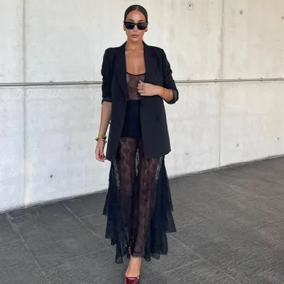 Vestido longo sexy de renda transparente, em camadas, com alças finas, estilo transfronteiriço europeu e americano