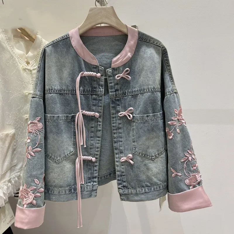 中国風レトロ カエルのボタン フェイクツーピース デニム