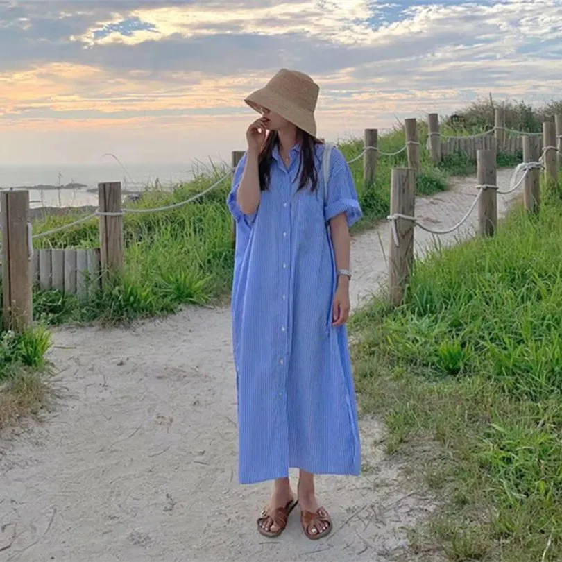Camiseta Larga de Rayas Marinas Casual Coreana