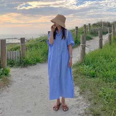 Camisa comprida casual coreana com riscas oceânicas