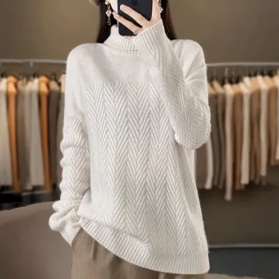 女士人字纹高领羊绒毛衣 厚款