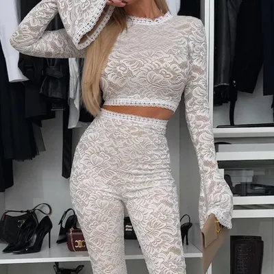 Conjunto de duas peças fino com manga comprida e renda, novo, primavera/verão europeu/americano, para mulheres, 2025