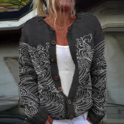 Casaco de tricot, cardigã com estampagem digital 3D, top feminino, faux suéter