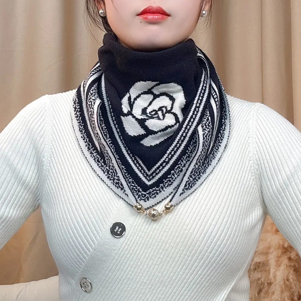 Gola de tricot de lã nova para outono e inverno, estilo coreano, versátil, capa de pescoço, cachecol triangular de tricot com fivela magnética dupla face, camélia, para mulheres