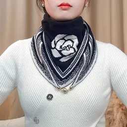 Gola de tricot de lã nova para outono e inverno, estilo coreano, versátil, capa de pescoço, cachecol triangular de tricot com fivela magnética dupla face, camélia, para mulheres