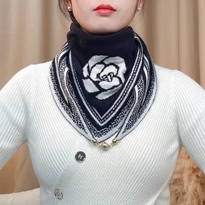 Gola de tricot de lã nova para outono e inverno, estilo coreano, versátil, capa de pescoço, cachecol triangular de tricot com fivela magnética dupla face, camélia, para mulheres