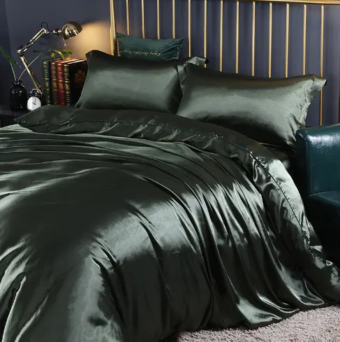 Conjunto de cama de quatro peças em seda dupla face, cetim de seda de bicho-da-seda, cor sólida