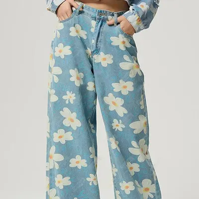 Vintage blomstermönster rak jeans
