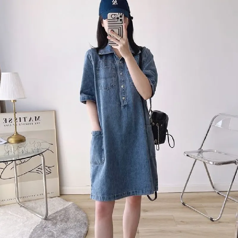 Vestido de ganga feminino, com lapela, botões, pernas retas