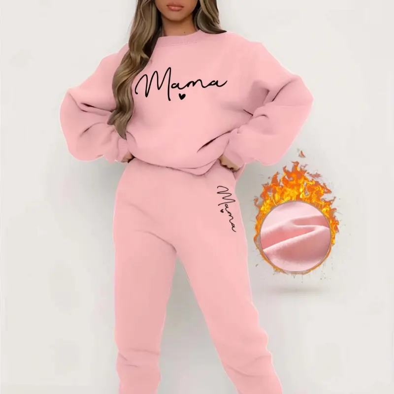 Conjunto de duas peças de fleece estampado, casual, de manga comprida