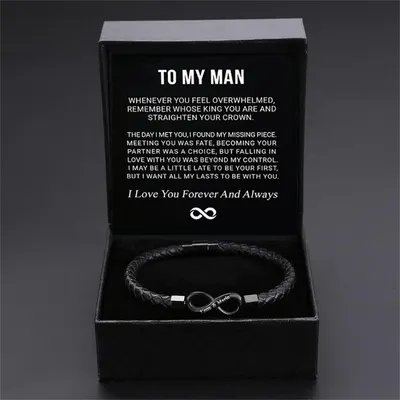 Pulseira masculina de couro artesanal, aço inoxidável preto, design de 8 palavras