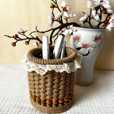 Porta-canetas de escritório, retro americano, feito à mão com cordel, para mesa de trabalho