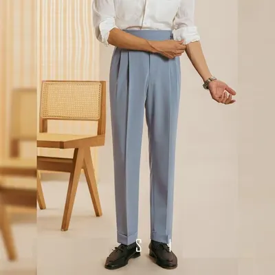Calças de homem nono de estilo de marca de moda com drapeado, calças de fato