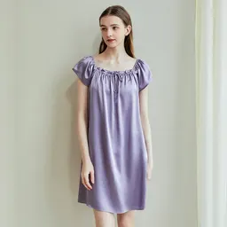 Camisola de noite de seda para mulheres, de verão, de manga curta, cor lisa, fina