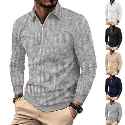 Suéter casual masculino de manga comprida, lapela e fecho de correr, de corte solto