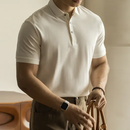 Polo de algodão de fio longo, camiseta de manga curta com lapela