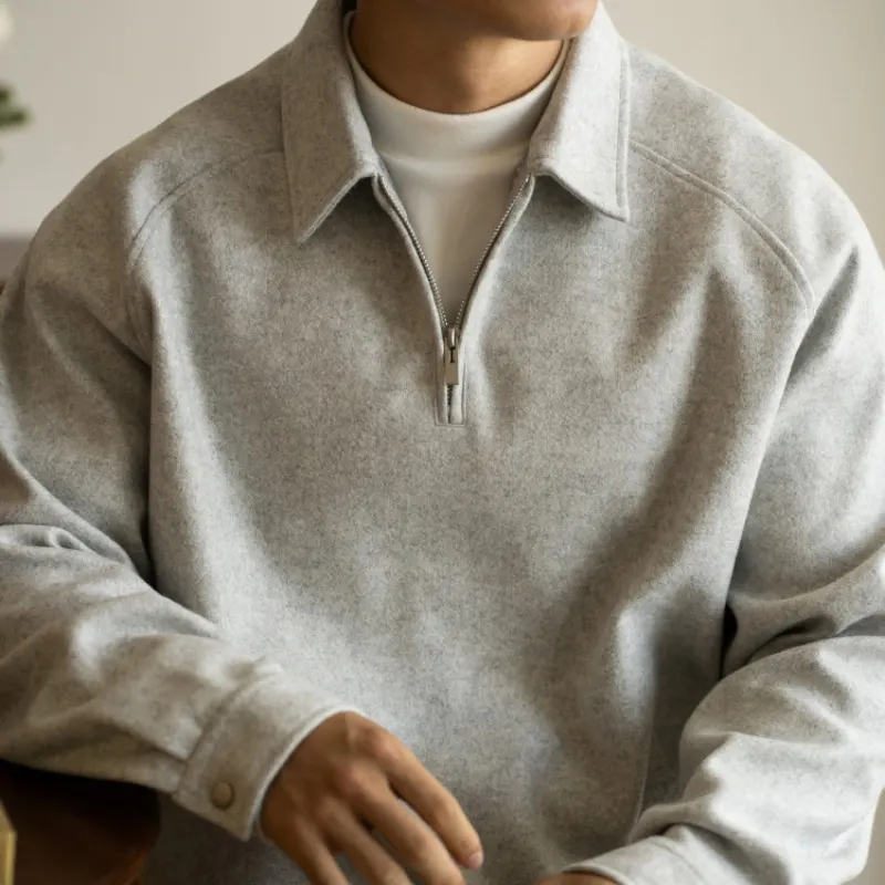 美式空气层棉半拉链翻领卫衣男士2025春秋季新款落肩袖长袖polo衫