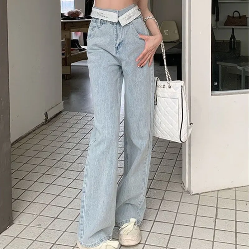 Calças de Cintura Alta de Pernas Largas com Cintura com Bainha de Costura em Jeans