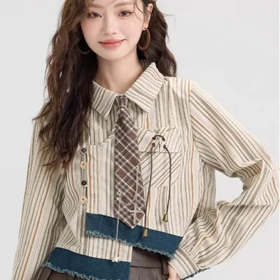 Camiseta a rayas irregular de manga corta y larga estilo preppy chic para mujer Primavera-Verano
