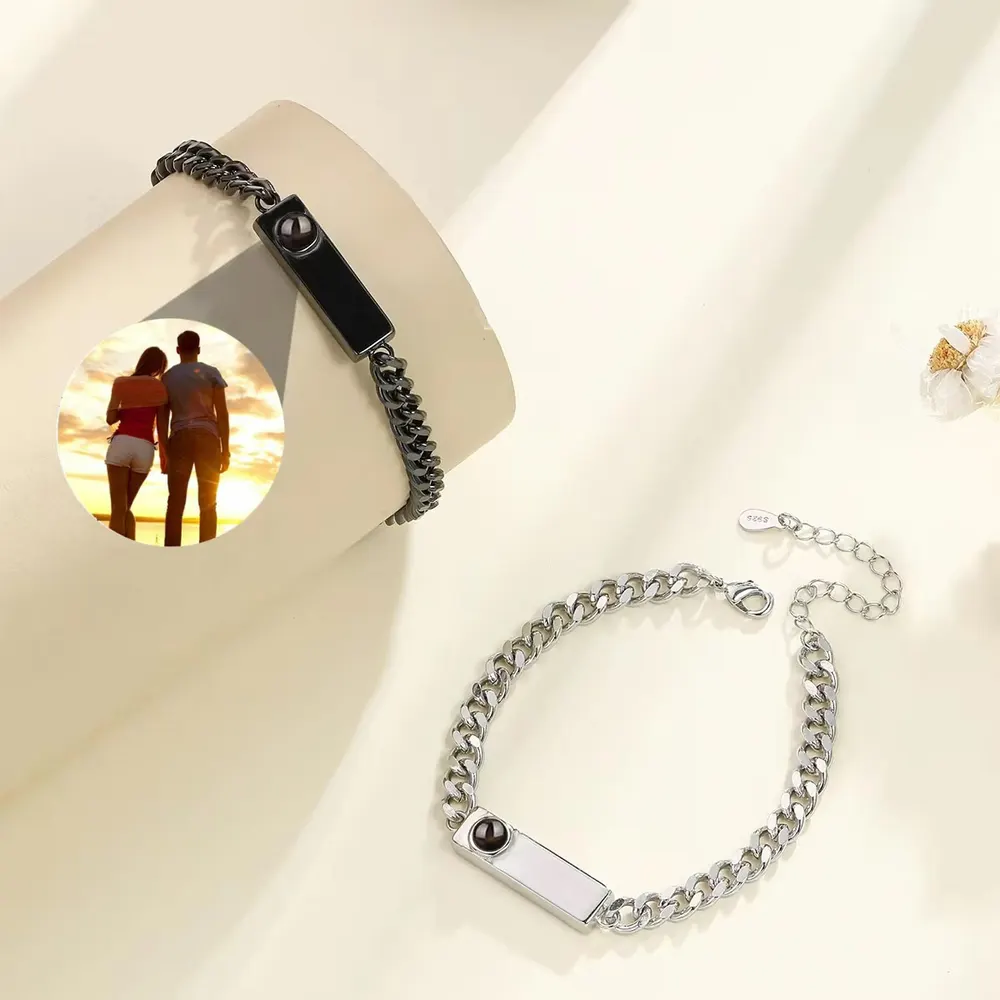 Pulseira de casal de aço titânio com projeção de foto colorida