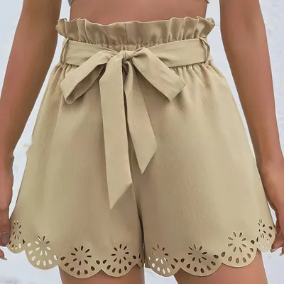Pantalones Cortos de Mujer de Color Liso con Cinturón en el Tobillo y Dobladillo Ondulado