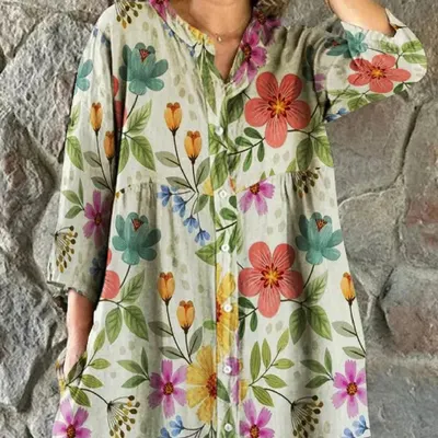 Vestido-camisa de mulher, solto, fresco, com estampa
