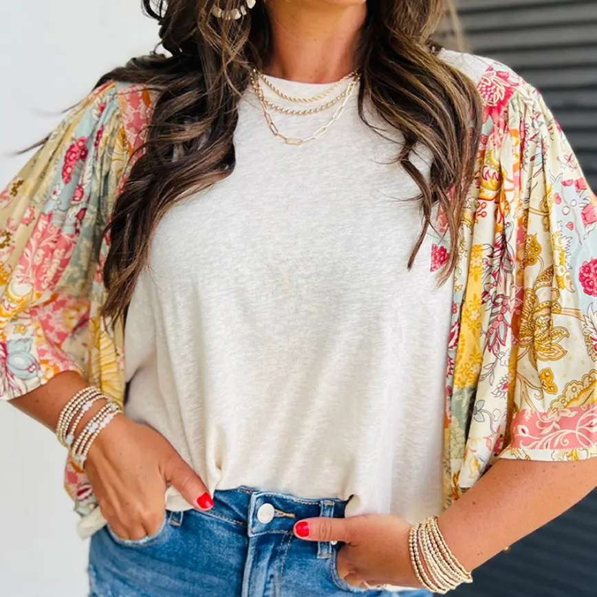 Camisa de chiffon estampada, solta, de moda feminina, gola redonda e pulôver