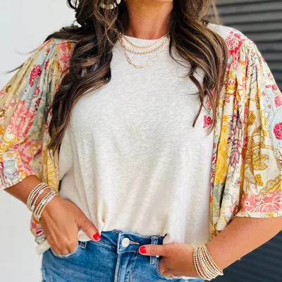Camisa de chiffon estampada, solta, de moda feminina, gola redonda e pulôver