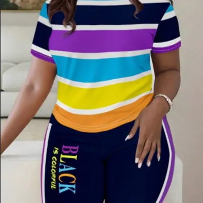 Kvinnors Casual Set med Färgstarkt Randmönster T-shirt och Byxor