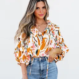 Camisa de chiffon com gola V, estampada com cores contrastantes, moda europeia e americana, para mulheres