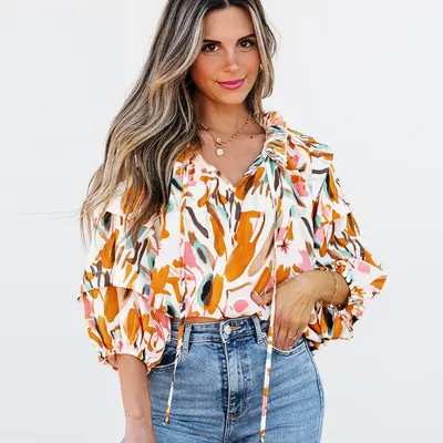 Camisa de chiffon com gola V, estampada com cores contrastantes, moda europeia e americana, para mulheres