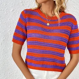 Suéter de malha feminino de manga curta, listrado e elegante, com capuz e patchwork