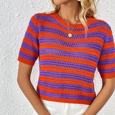 Suéter de malha feminino de manga curta, listrado e elegante, com capuz e patchwork