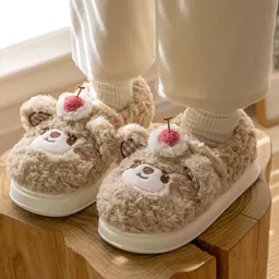 Zapatillas de algodón para mujer con tacón de plataforma, forradas de felpa cálida con diseño de oso y cereza