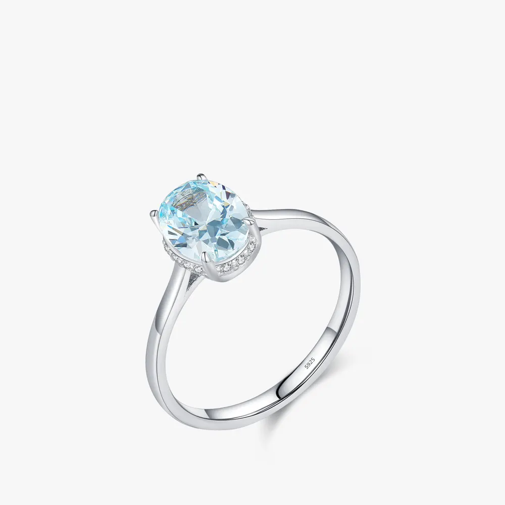Anel de prata esterlina S925 com diamante azul oceano claro