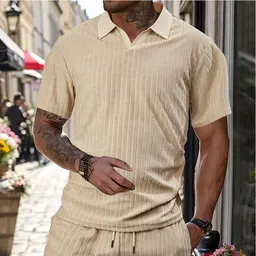 Conjunto Desportivo Casual Masculino de Tecido Texturizado Respirável com Gola de Canoa