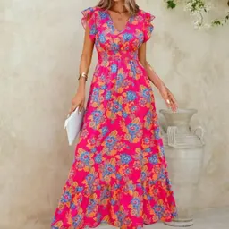 Vestido sem mangas de estilo de férias à beira-mar de verão europeu e americano, com estampado floral de moda