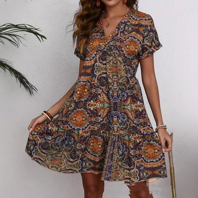 Vestido de estilo de férias casual para mulher, com estampa e decote em V