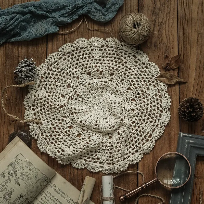 Toalha de mesa redonda feita à mão com croché, vintage, para mesa de centro de café, à prova de poeira e decorativa