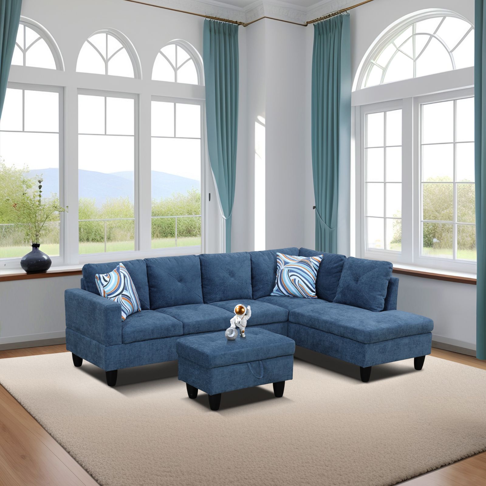 Blue Linen 3-Piece Living Room Sofa Set