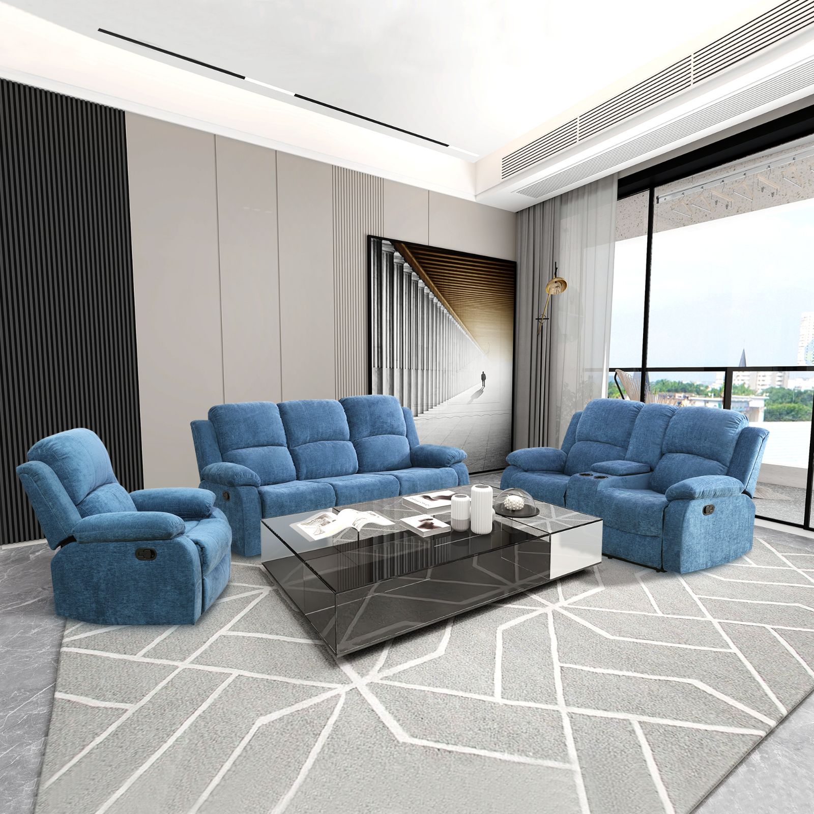 Light Blue Fluffy Fabric 3-Piece Couch Living Room Sofa Set