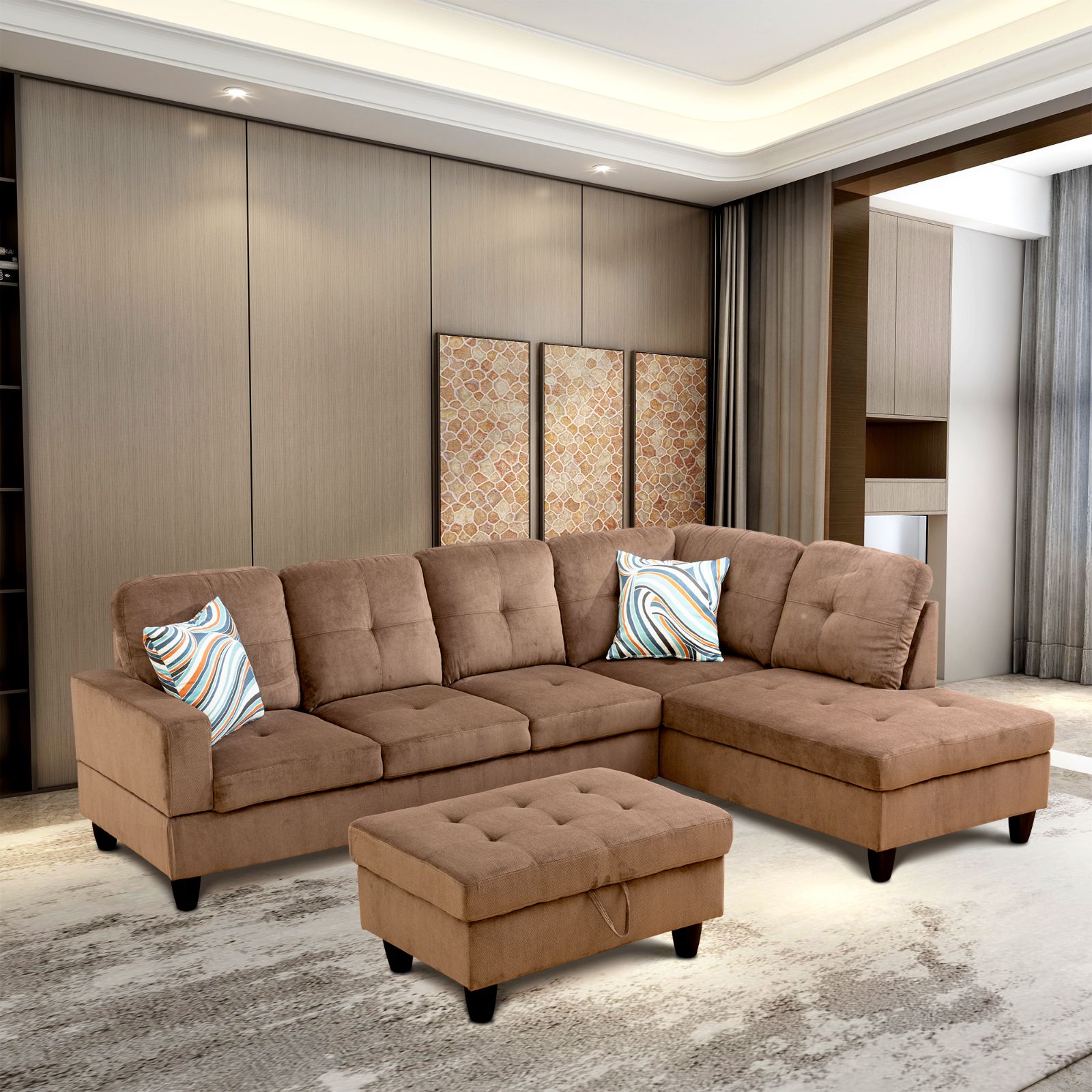 Brown Pineapple Fabric 3-Piece Couch Living Room Sofa Set