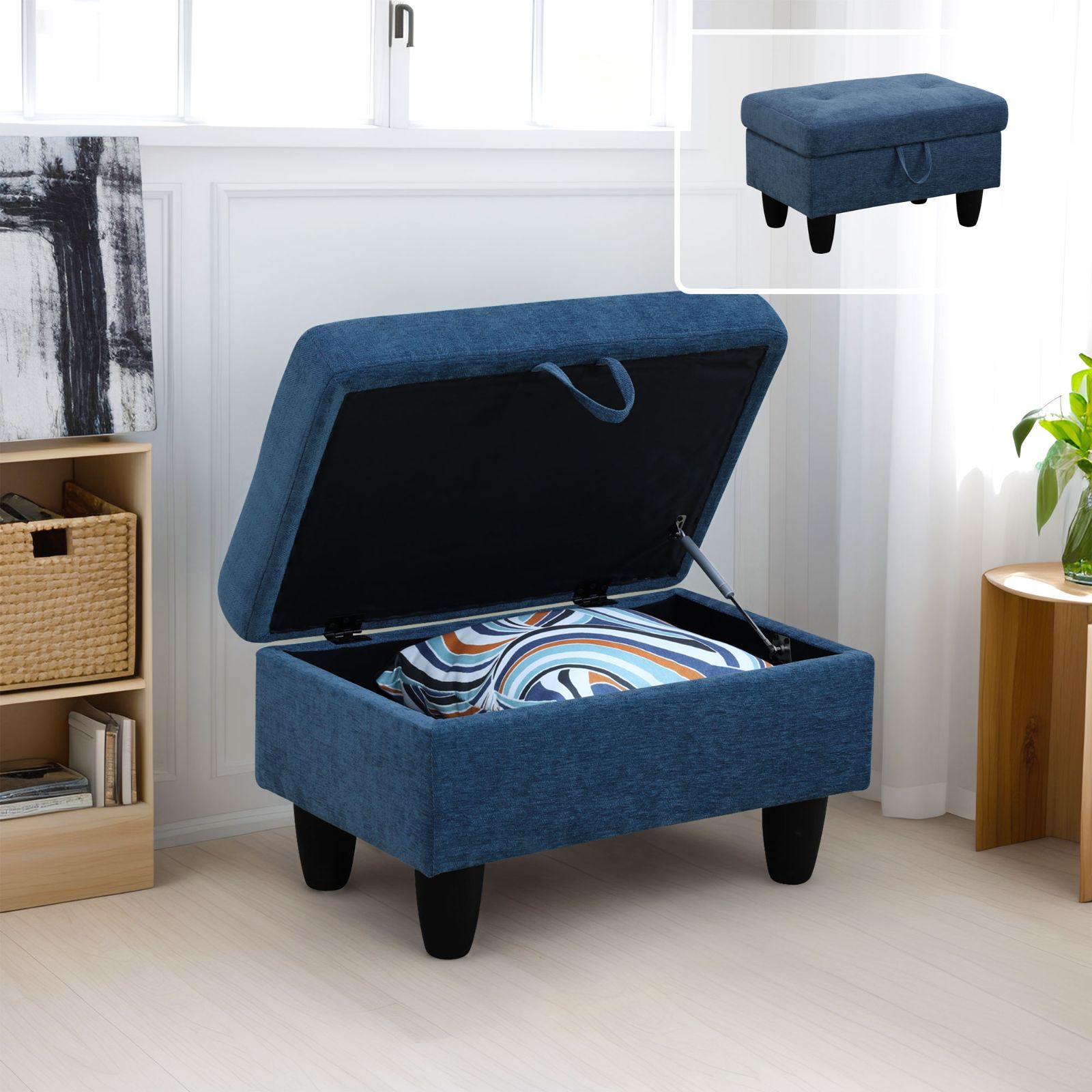 Blue Linen Living Room Sectional Ottoman