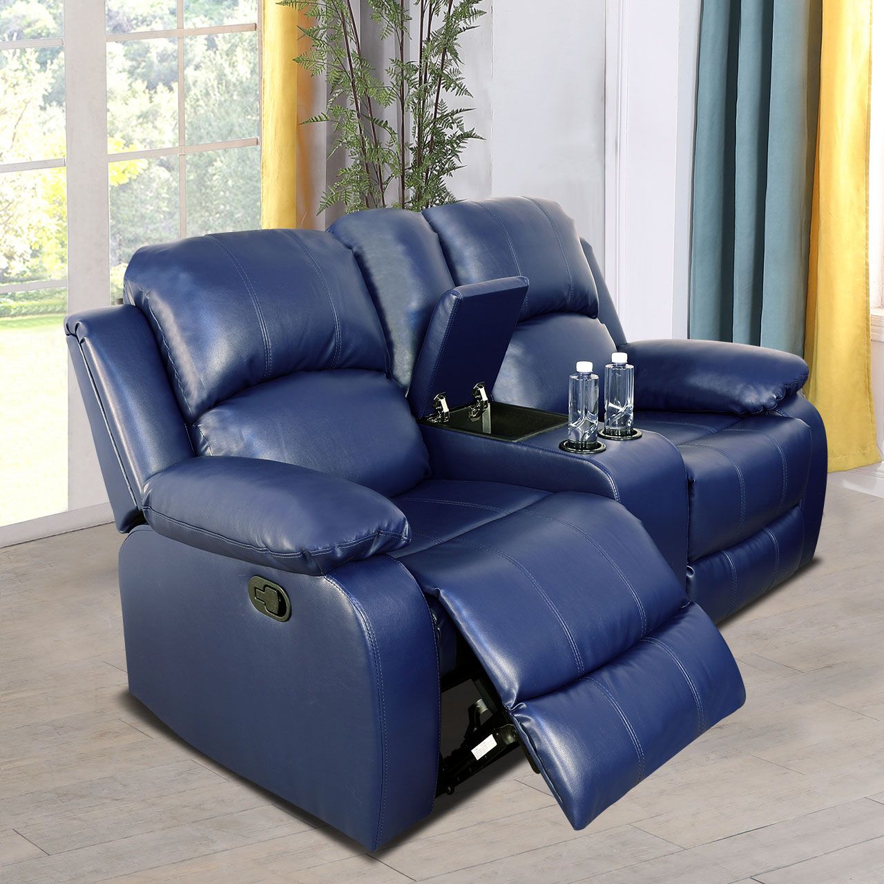 Dark Blue Semi PU Loveseat Living Room Sofa