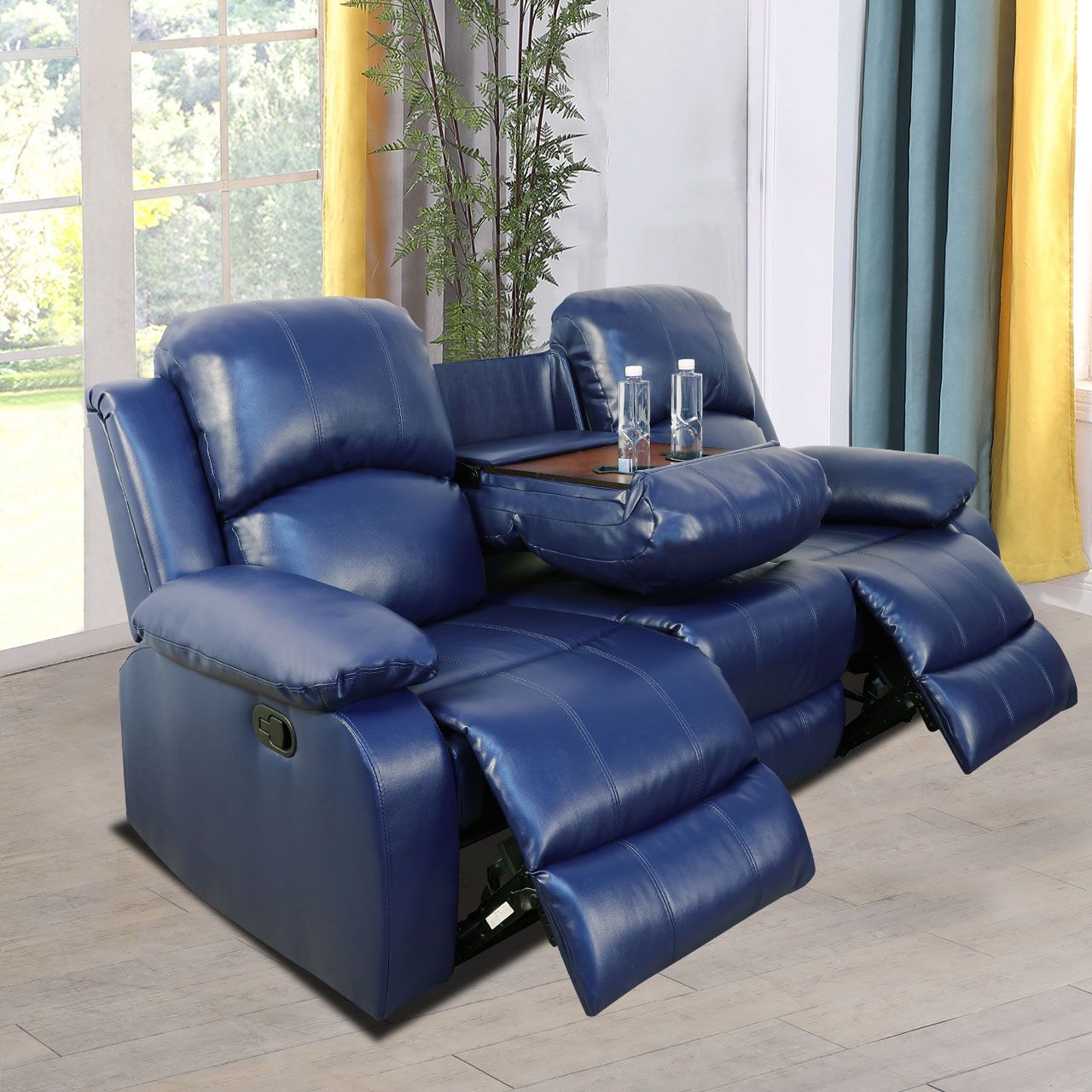Dark Blue Semi PU 3 Seat Sofa Living Room Sofa